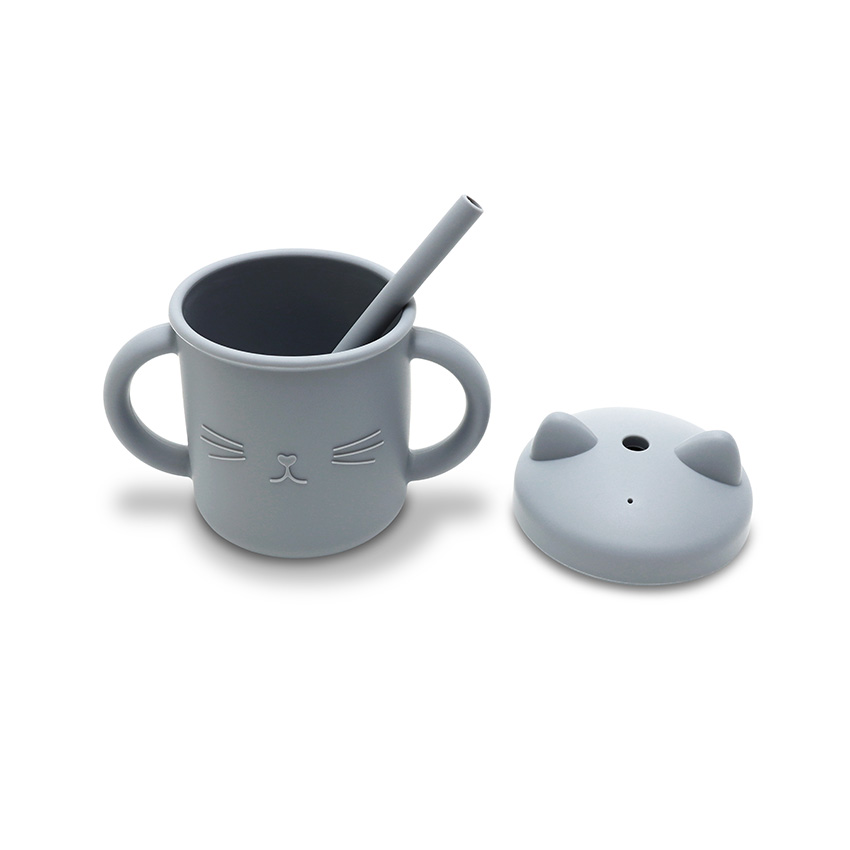 Tasse d'apprentissage en silicone souple (Incassable) avec paille réutilisable gris
