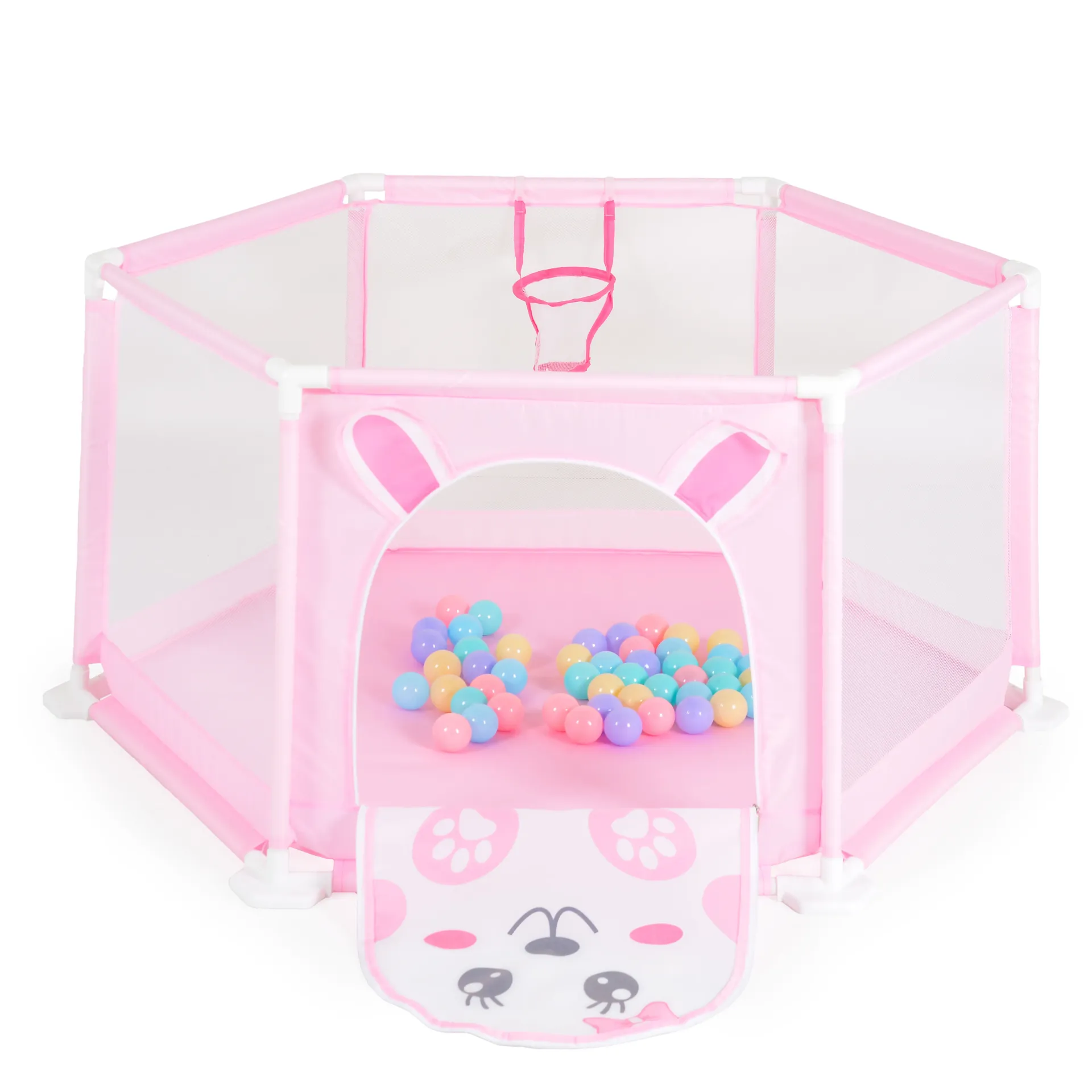 Aire de Jeux Bébé avec 50 Balles Colorées et Panier de Basket Intégré Rose