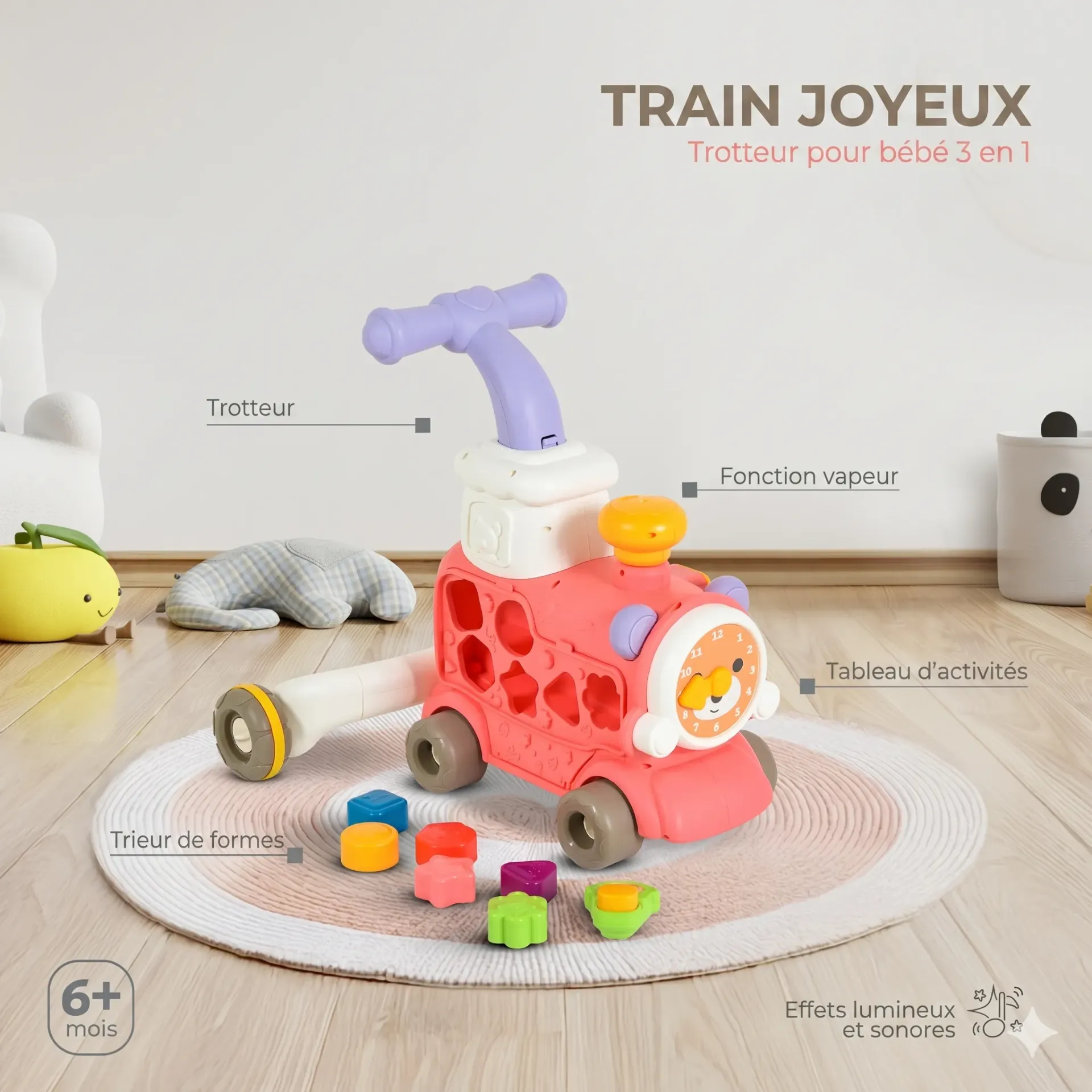 Jouet d'Éveil 3 en 1 : Happy Train Trotteur rose