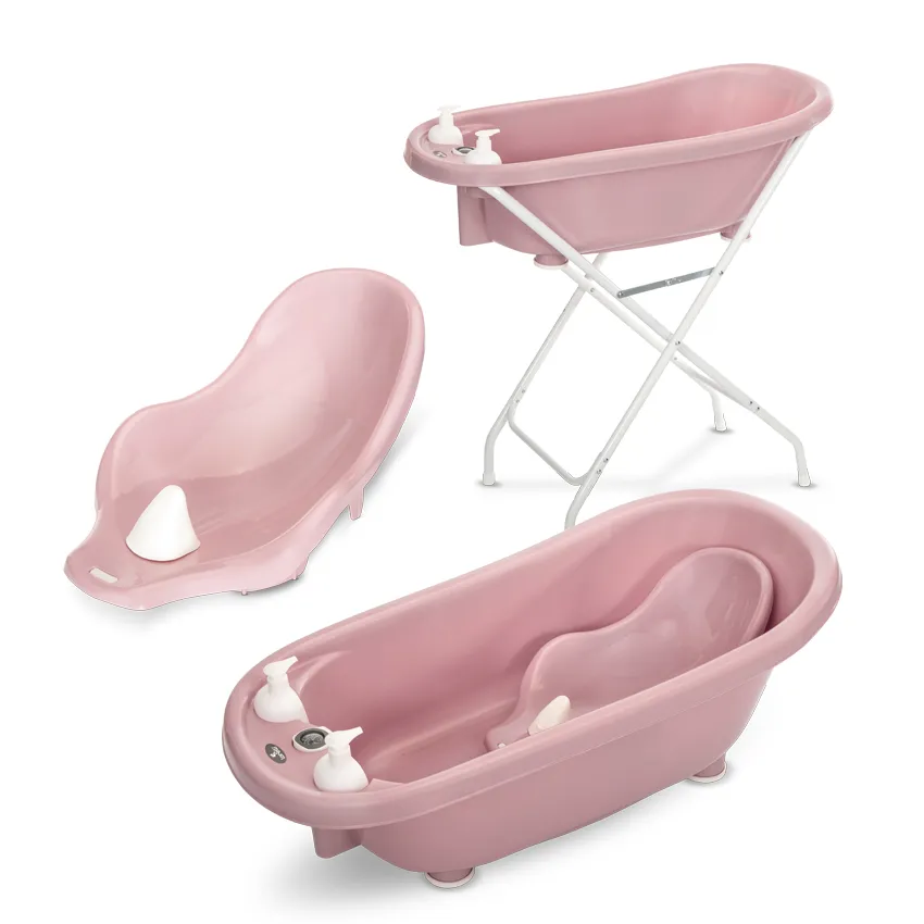 Kit Bain Bébé Complet : Baignoire 88 cm Rose Poudré + Transat & Thermomètre