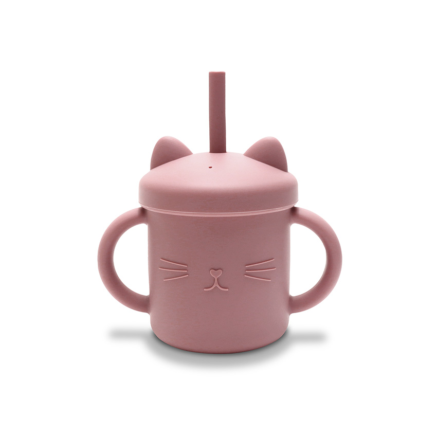 Tasse d'apprentissage en silicone souple (Incassable) avec paille réutilisable rose