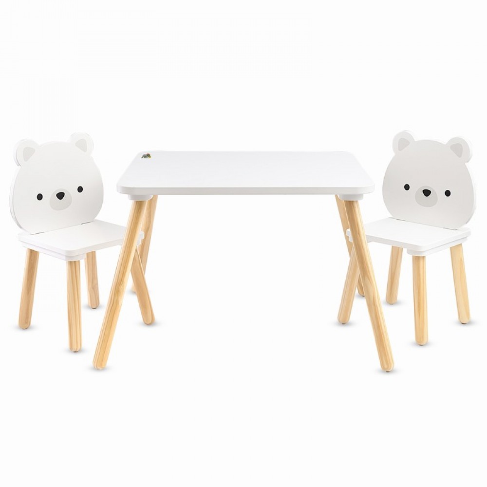 Ensemble Table et 2 Chaises Enfant en Bois – Design "Ours Blanc"