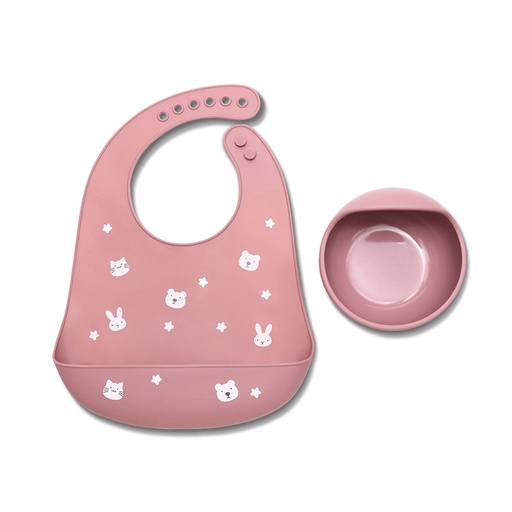 [10230710002] Kit Bol à Ventouse et Bavoir en Silicone rose